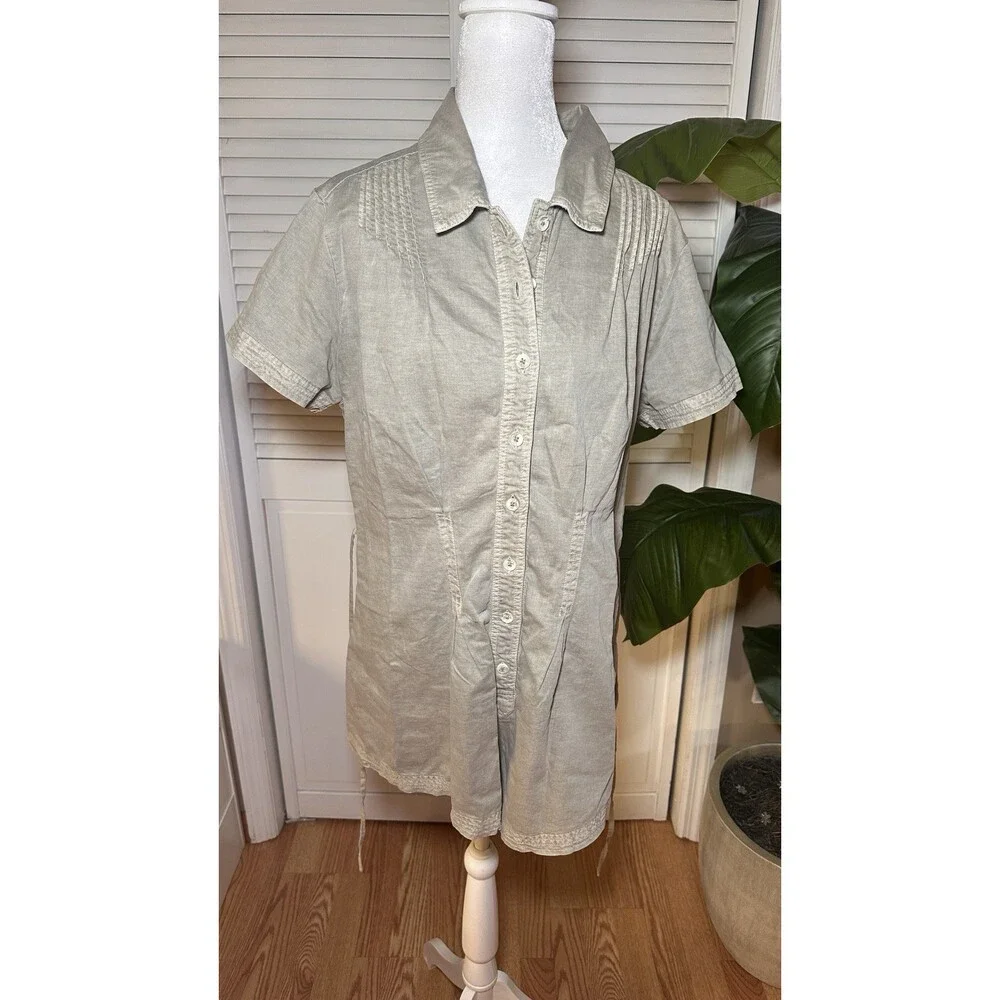Free People Light Sage Button Front Shirt Romper Short Sleeve Tie Waist Size M - Picture 14 of 15